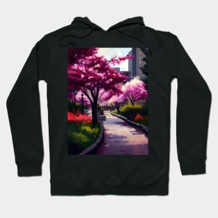 Sakura Serenade Tokyo Cherry Blossoms, Impressionist Landscape, Brick Path Park, Red Flowers, Oil Style Print Hoodie